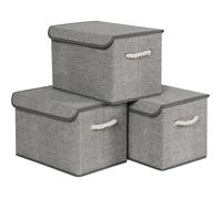 SONGMICS Boîte de Rangement avec Couvercle, Lot de 3, Pliable, Panier en Tissu, Bac de Rangement, avec Poignées, pour Chambre, Salon, Dressing, 38 x 25 x 25 cm, Gris Tourterelle RFB013G02