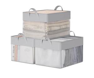 SONGMICS Boîtes de Rangement, Lot de 3, Panier de Rangement, Taille Moyenne, en Tissu, Pliable, Filet de Nylon Transparent, 40 x 30 x 25 cm, Poignées, pour Chambre, Salon, Gris Tourterelle RFB940G01