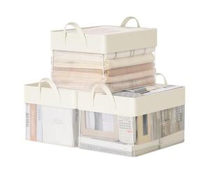 SONGMICS Boîtes de Rangement, Lot de 3, Panier de Rangement, Taille Moyenne, en Tissu, Pliable, Filet de Nylon Transparent, 40 x 30 x 25 cm, Poignées, pour Chambre, Salon, Couleur Crème RFB940W01