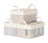 SONGMICS Boîtes de Rangement, Lot de 3, Petit Panier de Rangement, en Tissu, Pliable, Filet de Nylon Transparent, 30 x 20 x 15 cm, Poignées, pour Salle de Bain, Cuisine, Couleur Crème RFB915W01