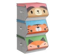 SONGMICS Boîtes de Rangement pour Enfant, Lot de 3, Empilables, Pliables | Couvercle Magnétique, Poignées, Salle de Jeux, Motif Chien Tigre Renard, Rose, Bleu, Vert et Gris, Collection TEZA RFB760P03