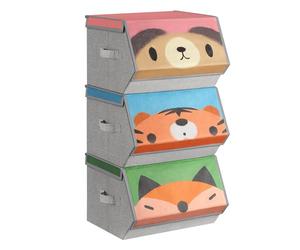SONGMICS Boîtes de Rangement pour Enfant, Lot de 3, Empilables, Pliables, Poignées, Couvercle Magnétique, Chambre d'Enfant, Salle de jeux, Motif Ours Tigre Renard, Rose, Bleu, Vert et Gris RFB760P03