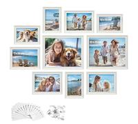 SONGMICS Cadres Photo, Lot de 10, Deux 20 x 25 cm, Quatre 13 x 18 cm, Quatre 10 x 15 cm, à suspendre ou à poser sur une table, MDF et verre, Blanc Rustique RPF049W01