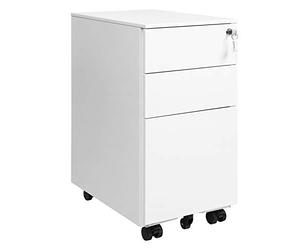 SONGMICS Caisson de Bureau Acier, 3 tiroirs, avec roulettes et Serrure | Caisson de Rangement Mobile, pour Documents et Dossier Suspendu, 30 x 45 x 60 cm, Blanc mat, Collection BEREND OFC031W01