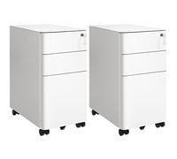 SONGMICS Caisson de Bureau, Lot de 2, Placard de Rangement Mobile, avec roulettes et Serrure, pour Documents et Dossier Suspendu, avec 3 Tiroirs, Blanc OFC131W01