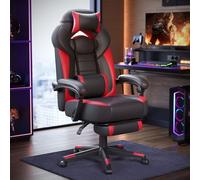 SONGMICS Chaise de Jeu, Chaise d'Ordinateur, Ergonomique, avec Repose-Pieds, Coussin de Tête Ajustable, Support Lombaire, Capacité de Charge de 150 kg, Noir et Rouge OBG77BR