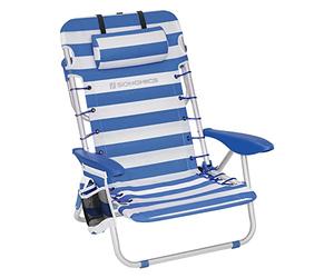 SONGMICS Chaise de Plage, Chaise Camping Pliante, avec Bandoulière, Dossier Réglable, Appui-tête, Accoudoir, 2 Pochettes Latérales, Bleu et Blanc GCB62BU