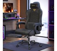 SONGMICS Chaise Gaming, Chaise de Bureau, Ergonomique, Fauteuil Gaming, Coussin d’Assise à Ressorts, Repose-Pieds, Accoudoirs avec Mécanisme Synchrone, Noir d'encre OBG079B01