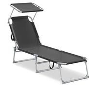 SONGMICS Chaise Longue Pliante, 189 x 53 x 28,5 cm, Transat Jardin Extérieur, Supporte 110 kg, Pare-Soleil et Dossier Réglables, pour Terrasse, Balcon, Noir GCB194BZ02