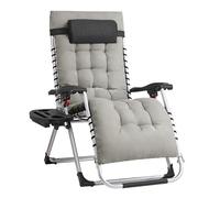 SONGMICS Chaise Longue Pliante, Chaise de Gravité Zéro avec Coussin Amovible, Structure en Acier, Supporte Jusqu'à 110 kg, Appui-Tête Réglable, Sac, Plateau, pour Jardin, Balcon, Gris Clair GLB040GZ04