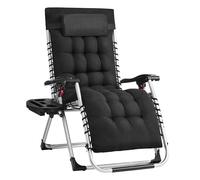 SONGMICS Chaise Longue Pliante, Chaise de Gravité Zéro avec Coussin Amovible, Structure en Acier, Supporte Jusqu'à 110 kg, Appui-Tête Réglable, Sac, Plateau, pour Jardin, Balcon, Noir GLB040BZ02