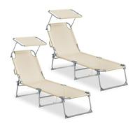 SONGMICS Chaises Longues Pliantes, 189 x 53 x 28,5 cm, Transats Jardin Extérieur, Chaque Chaise Supporte 110 kg, Pare-Soleil et Dossier Réglables, pour Terrasse, Balcon, Lot de 2, Beige GCB294WZ02