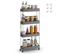 SONGMICS Chariot, Chariot de Cuisine à 4 Niveaux, Étagère de Cuisine, Étagère Étroite, avec 6 Crochets, Structure en Acier, Salle de Bain, 14,4 x 42 x 86 cm, Gris Tourterelle KSC008G01