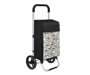 SONGMICS Chariot de Courses, Caddie, Poussette de marché, capacité 40L, avec rangements, Roues silencieuses, Crochet, 47 x 33 x 97 cm, Motif Pied-de-Poule, Noir KST06BF