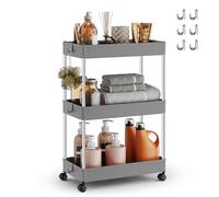 SONGMICS Chariot de Cuisine à 3 Niveaux, Structure en Acier Inoxydable | Étagère Étroite, avec 6 Crochets, Salle de Bain, 23,6 x 42 x 60,6 cm, Gris Tourterelle et Argent, Collection BENCO KSC009G01