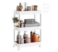 SONGMICS Chariot de Cuisine à 3 Niveaux, Structure en Acier Inoxydable | Étagère Étroite, avec 6 Crochets, Salle de Bain, 22 x 40 x 60 cm, Blanc Nuage et Argent, Collection BENCO KSC009W01