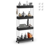 SONGMICS Chariot de Cuisine à 4 Niveaux, Structure en Acier Inoxydable | Étagère Étroite, avec 6 Crochets, Salle de Bain, 40 x 13 x 86 cm, Noir D'Encre et Argent, Collection BENCO KSC008B01