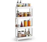 SONGMICS Chariot de Cuisine à 4 Niveaux, Structure en Acier Inoxydable | Étagère Étroite, avec 6 Crochets, Salle de Bain, 40 x 12,5 x 88 cm, Blanc Nuage et Argent, Collection BENCO KSC08WT