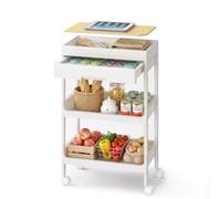 SONGMICS Chariot de Rangement, 3 Niveaux, Desserte sur roulettes, Étagère, avec Plateau Amovible et Tiroir, en Plastique, Montage Facile, Cuisine, Blanc et Doré Chêne BSC069W101