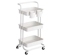 SONGMICS Chariot de Rangement, 3 Niveaux, Desserte sur roulettes, Étagère, Poignée, 2 Pots, 2 Freins, Paniers en Plastique, Montage Facile, Chambre, Cuisine, Blanc BSC067W01