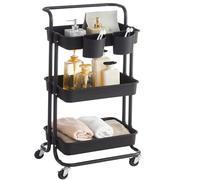 SONGMICS Chariot de Rangement, 3 Niveaux, Desserte sur roulettes, Étagère, Poignée, 2 Pots, 2 Freins, Paniers en Plastique, Montage Facile, Chambre, Cuisine, Noir BSC067B01