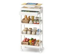 SONGMICS Chariot de Rangement, 4 Niveaux, Desserte sur roulettes, Étagère, avec Plateau Amovible et Tiroir, en Plastique, Montage Facile, Cuisine, Blanc et Doré Chêne BSC070W101