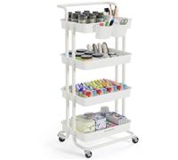 Songmics Chariot De Rangement, 4 Niveaux, Desserte Sur Roulettes, Étagère, Poignée, 2 Pots, 2 Freins, Paniers En Plastique, Montage Facile, Chambre, Cuisine, Blanc