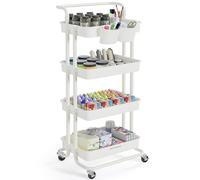 SONGMICS Chariot de Rangement, 4 Niveaux, Desserte sur roulettes, Étagère, Poignée, 2 Pots, 2 Freins, Paniers en Plastique, Montage Facile, Chambre, Cuisine, Blanc BSC077WZ01