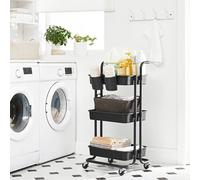 SONGMICS Chariot Mobile à 3 Niveaux, Desserte sur roulettes, Étagère de Rangement, avec poignée, 2 Pots, 2 Freins, paniers en Plastique, Montage Facile, pour Chambre, Cuisine, Noir/Blanc/Blanc et BLAN