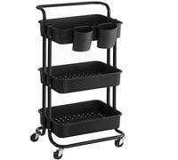 SONGMICS Chariot Roulant, Panier de Rangement à 3 Niveaux, avec poignée, 2 Petits organisateurs, Cadre en Acier, paniers en Plastique, pour Chambre, buanderie, Salle de Bain, Noir BSC067B01