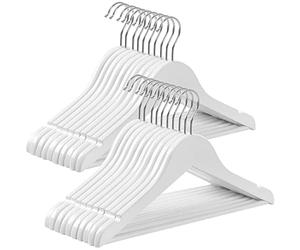 SONGMICS Cintre Enfant en Bois, Lot de 20, avec Barre de Suspension, Encoches, Crochet Rotatif à à 360°, Longueur 35 cm, Blanc et Argent CRW06W-20