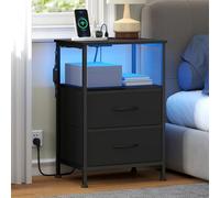 SONGMICS Collection BELLAH - Table de Chevet avec Multiprise, Table d'Appoint avec Éclairage LED Réglable, 1 Étagère Ouverte et 2 Tiroirs, Chambre, Noir d'encre et Noir Boisé LGS302BH02