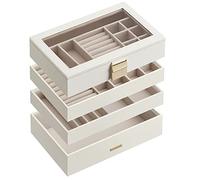 SONGMICS Collection GISELLA - Boîte à Bijoux avec 4 Plateaux Empilables, Coffret à Bijoux Spacieux, Couvercle en Verre, 17 x 28 x 18,3 cm, pour Tiroir, Coiffeuse, Blanc Nuage JBC164W01