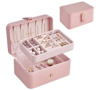 SONGMICS Collection GISELLA - Boîte à Bijoux de Voyage, Petit Écrin à Accessoires, Rangement Bijoux à 2 Niveaux, Portable, pour Accessoires plus Grands, 11 x 16 x 8 cm, Rose Bonbon JBC166R01