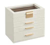 SONGMICS Collection GISELLA - Boîte à Bijoux, Écrin à Accessoires 4 Niveaux, Coffre de Rangement, Couvercle en Verre, 3 Tiroirs, Moderne, Blanc Nuage et Doré, 15,3 x 25,1 x 21,5 cm JBC161W01