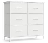 SONGMICS Commode 6 Tiroirs, Meuble de Rangement pour Chambre, Acier, Panneau MDF, Tissu Non-tissé, Blanc Nuage et Blanc Neige
