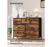 SONGMICS Commode 7 Tiroirs, Meuble de Rangement pour Chambre, Acier, Panneau MDF, Tissu Non-tissé, pour Couloir, Entrée, Salon Marron rustique