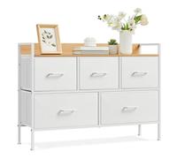 SONGMICS Commode, Armoire, Meuble de Rangement, 5 Tiroirs en Tissu avec Poignées, Cadre en Métal, Style Moderne, Blanc Nuage et Beige Chêne LTS135W01