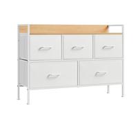 SONGMICS Commode, Armoire, Meuble de Rangement, 5 Tiroirs en Tissu avec Poignées, Cadre en Métal, Style Moderne, Blanc Nuage et Beige Chêne LTS135W01