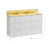 SONGMICS Commode avec 9 Tiroirs, Éclairage LED, Multiprise, Cadre en Acier | Meuble de Rangement, 114 x 33,5 x 84 cm, pour Chambre, Salon, Blanc Nuage et Beige Chêne, Collection BELLAH LTS519W02