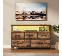 SONGMICS Commode, avec LED et Prises, 5 Tiroirs en Tissu, Étagère Ouverte | Meuble de Rangement, 98,7 x 30 x 68,1 cm, pour Chambre, Salon, Marron rustique, Collection BELLAH LGS723KD01