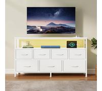 SONGMICS Commode, avec LED et Prises, 7 Tiroirs en Tissu, Étagère Ouverte