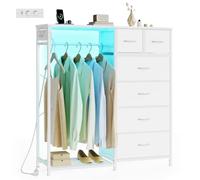 SONGMICS Commode Chambre Adulte 3 en 1, avec Portant a Vetement Robuste, éclairage LED, Etagere Chaussure, Multiprise, Contient 6 Tiroirs à Tissus, Blanc LGS523W102
