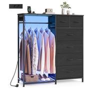 SONGMICS Commode Chambre Adulte 3 en 1, avec Portant a Vetement Robuste, éclairage LED, Etagere Chaussure, Multiprise, Contient 6 Tiroirs à Tissus, Noir LGS523W102