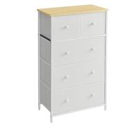 SONGMICS Commode, Meuble de Rangement, avec 5 Tiroirs en Tissu, Style Industriel, pour Salon, Entrée, Couloir, Chambre d'enfant, Blanc et Couleur Boisée LTS514W57
