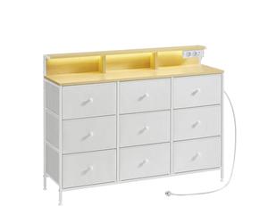 SONGMICS Commode, Meuble de Rangement avec 9 Tiroirs et Éclairage LED, Multiprise, Cadre en Acier, 33,5 x 114 x 84 cm, pour Chambre, Salon, Blanc Nuage LTS519W02
