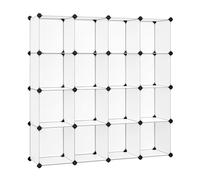SONGMICS Cube de Rangement en Plastique, Armoire modulaire à Bricolage, bibliothèque Incluse avec Fixations Anti-basculement et Marteau en Caoutchouc Blanc translucide 16 Cubes ULPC44L
