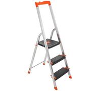 SONGMICS Échelle 3 Marches, en Alliage d'Aluminium, Escabeau, Largeur de la Marche 12 cm, Pliable, Plateau à Outil, Pieds Antidérapants, Capacité de Charge 150 kg, Noir et Orange GLT03BK