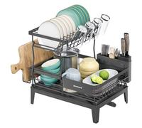 SONGMICS Égouttoir à Vaisselle, 2 Niveaux, Organisateur de Plan de Travail, Bec Rotatif à 360° et Extensible, Bac d’Égouttement, Porte-Couverts, 31 x 42 x 36,5 cm, Gris Ardoise KCS551G101