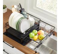 SONGMICS Égouttoir à Vaisselle, Support d’Assiette Extensible, Tapis en Silicone Absorbant, Bec Extensible Rotatif 360°, Acier, Pieds Hauts, 31-56 x 42 x 20 cm, Noir d’Encre KCS552B01